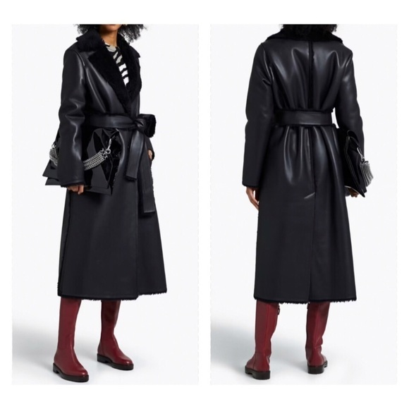 NWT Stand Studio Millan Belted Faux Leather Long Coat Faux Shearling Trim FR 40 - Picture 1 of 15